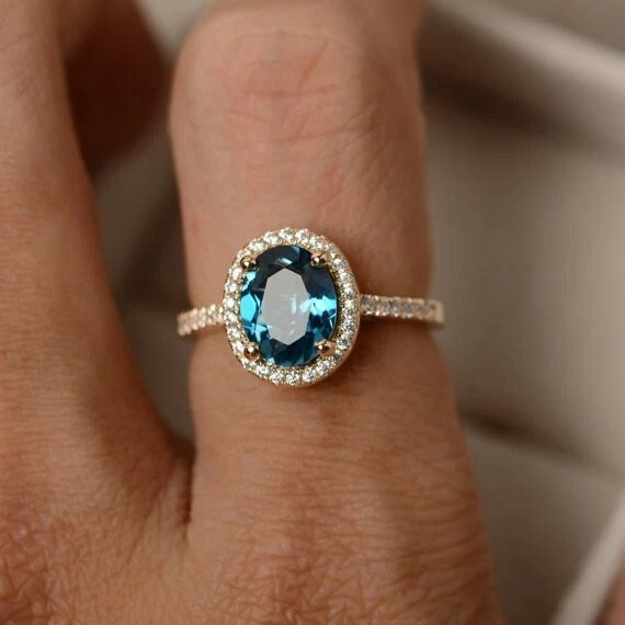 2.55 Ct Oval Cut London Blue Topaz Halo Woman Ring 14K Solid Yellow Gold