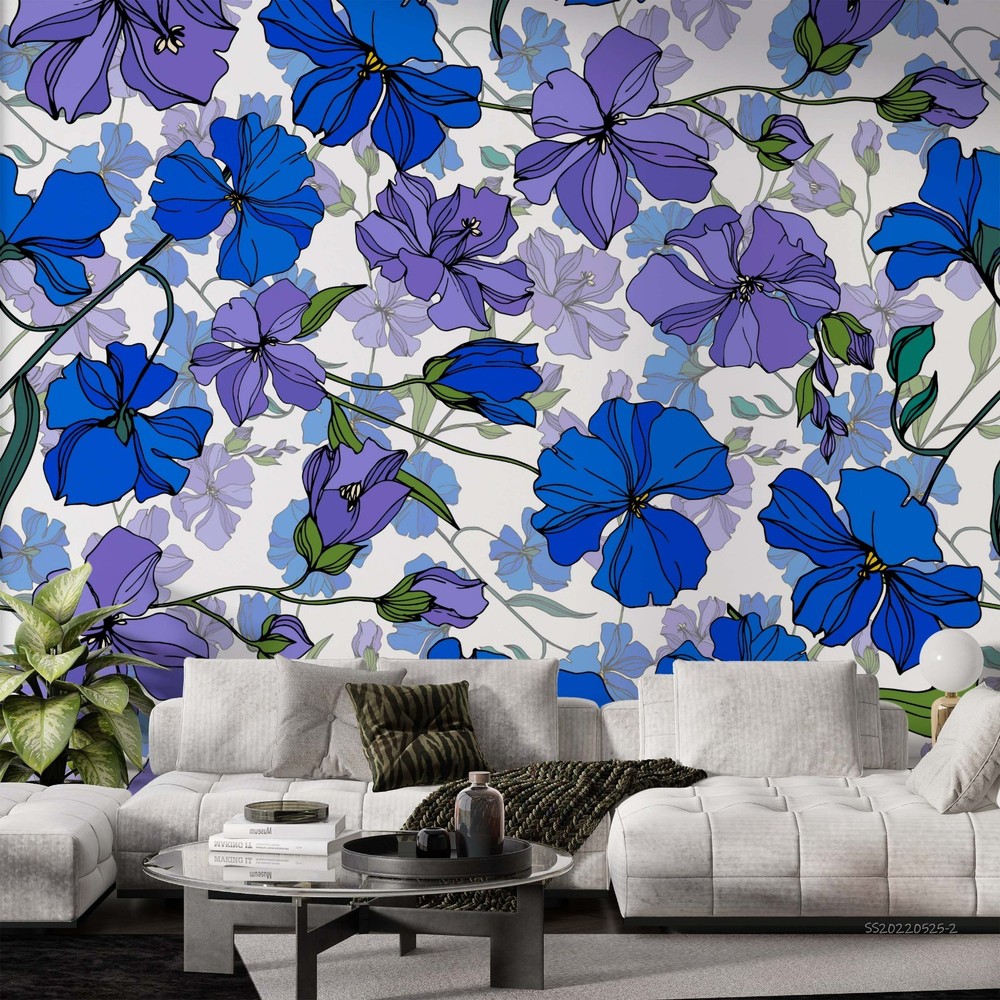 3D Blue Flowers Watercolor Pattern Wall Murals Wallpaper Murals Wall Sticker 2