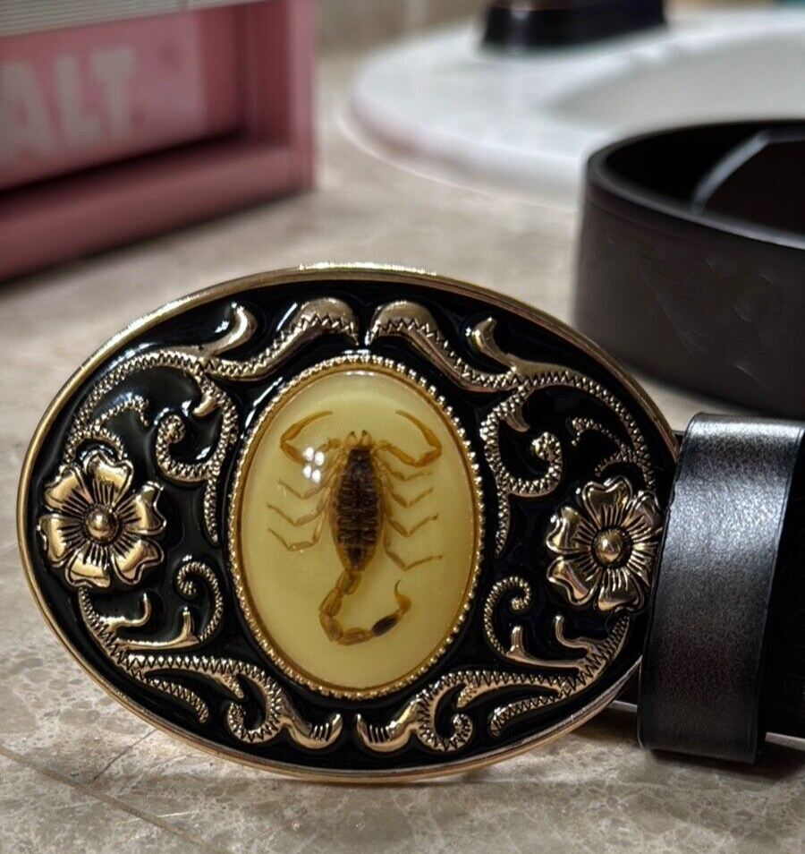 Leather Belt with Scorpion Buckle Horse Stamped Embellishment Flower Theme Metal