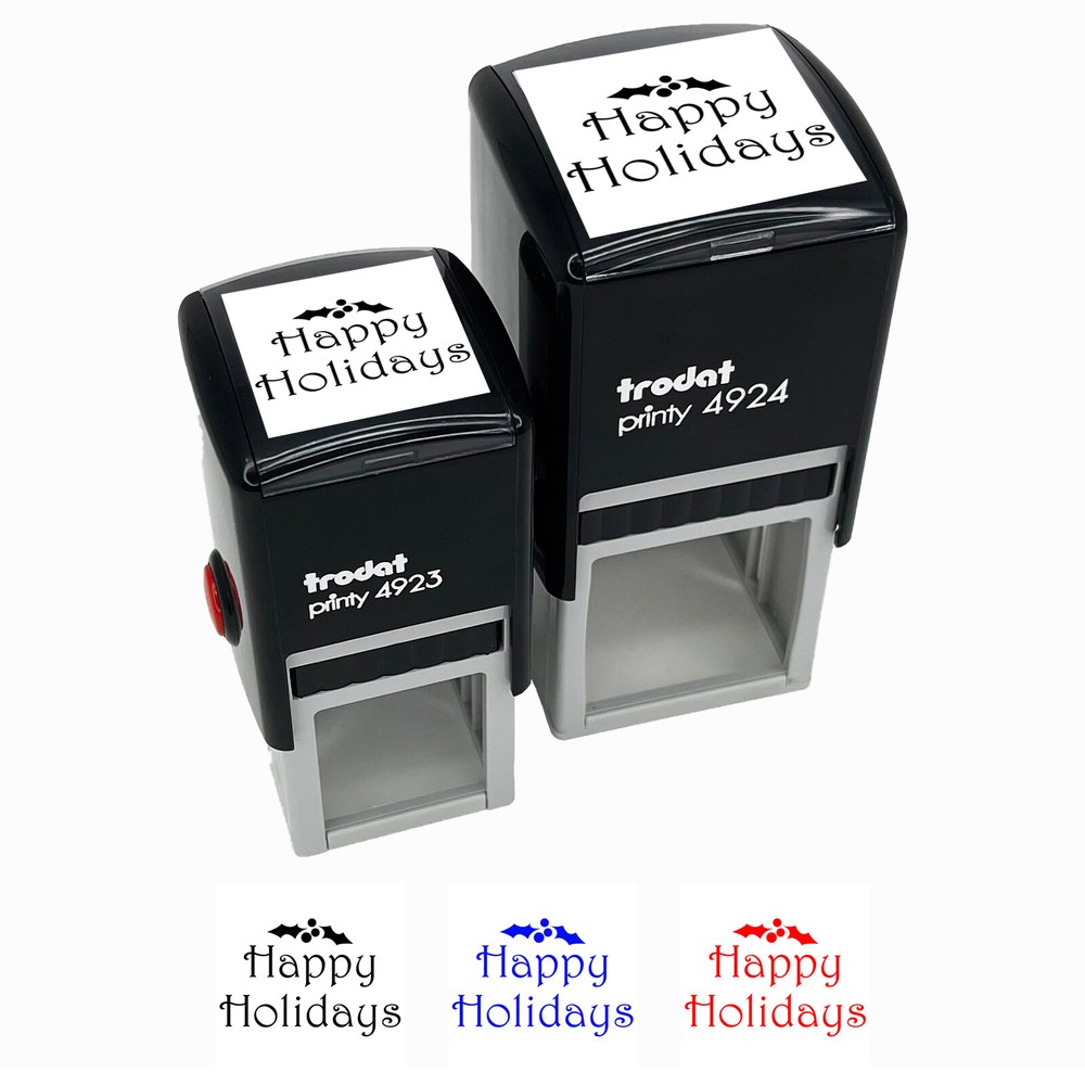 Happy Holidays Christmas Holly Festive Text Self-Inking Rubber Stamp Ink Stamper