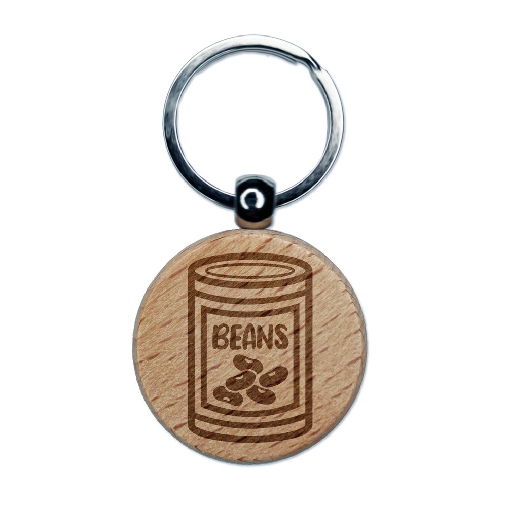Can of Beans Engraved Wood Round Keychain Tag Charm
