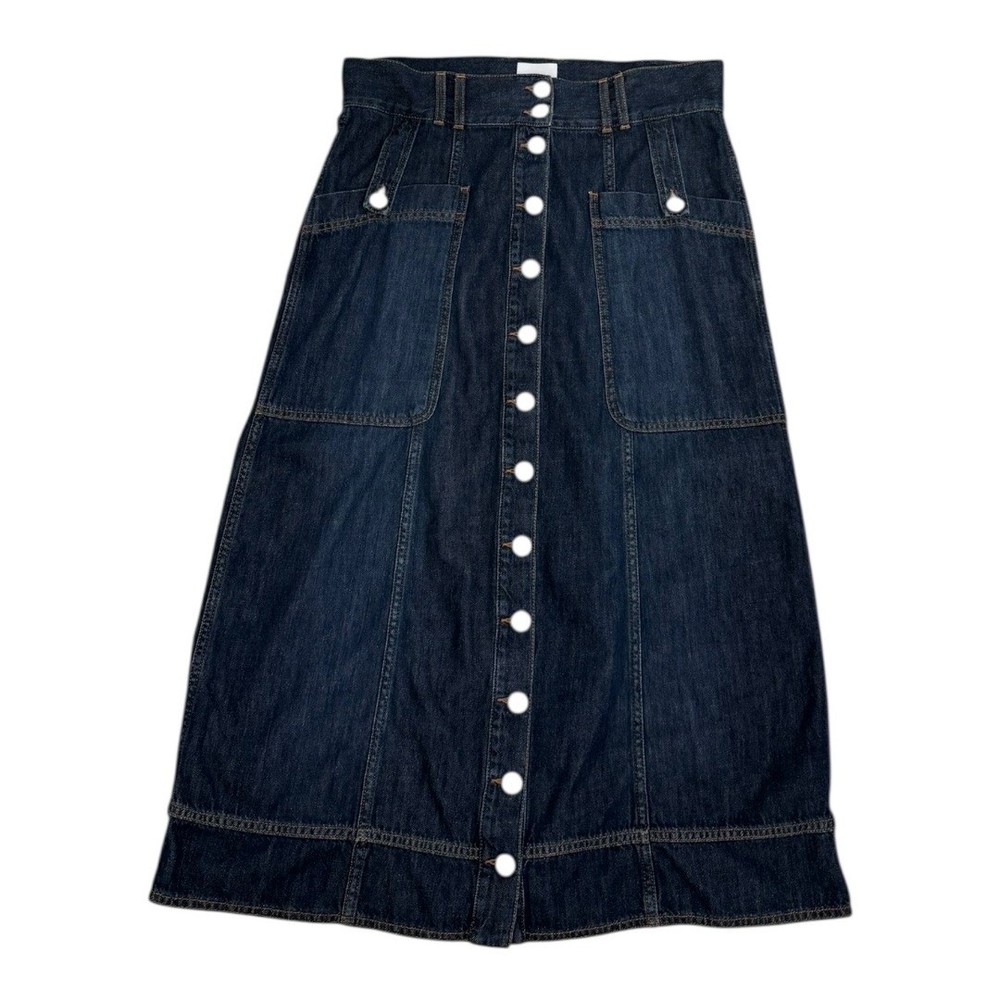 G. Label Goop Denim Midi Skirt Button Front Size 30 Dark Wash Made in Italy