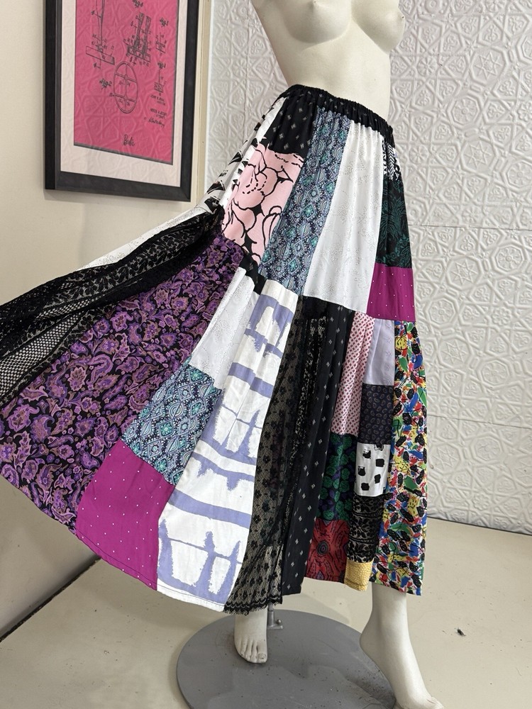 1990s Art To wear Designer Patchwork Hippie Maxi Skirt-Rainbow-Lace-Boho-S/M-