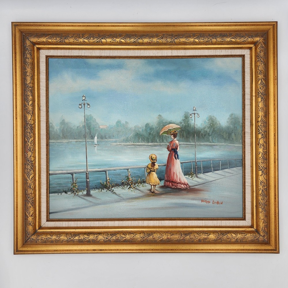 Vintage Original Hugh London Oil Painting Riverboat Victorian Lady Child Framed