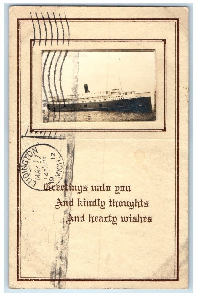 1912 Steam Ship Car Ferry View Ludington Michigan MI RPPC Photo Postcard