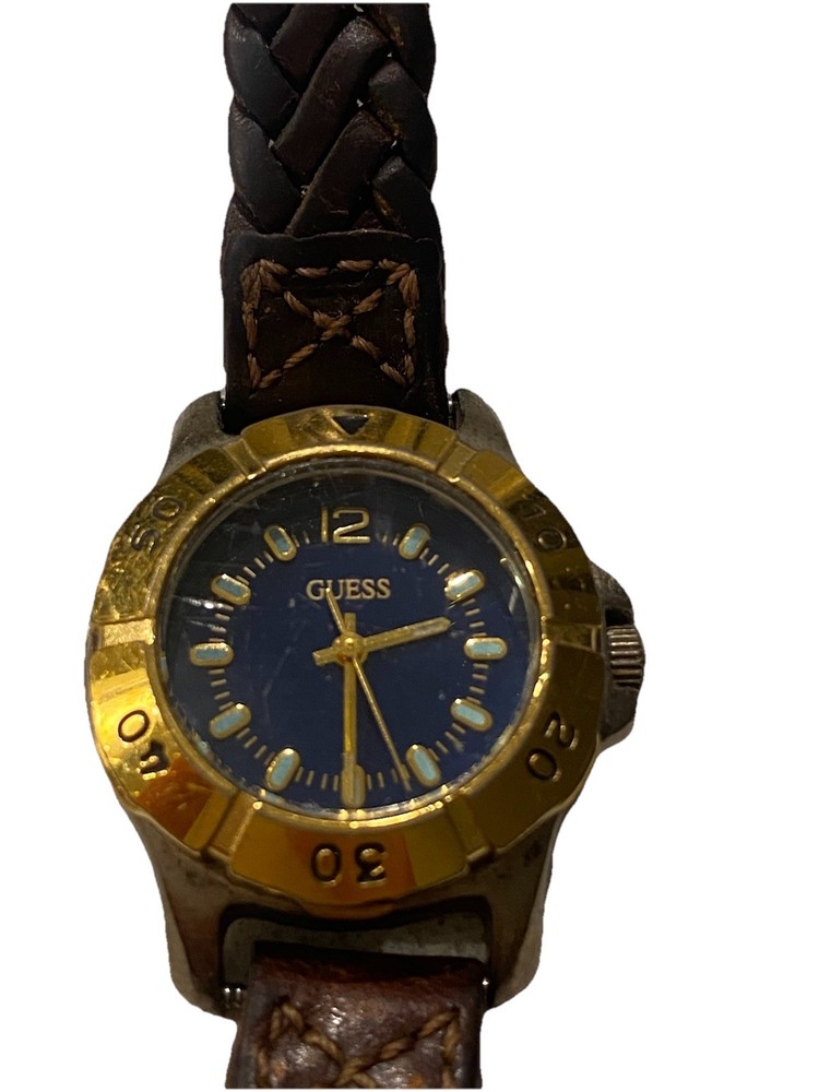 Vintage 1996 GUESS Women's Two-Tone Watch Brown Leather Braided Strap Japan Mvmt