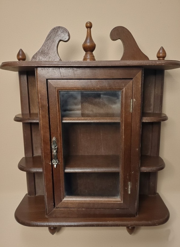 Vintage Wood Curio Cabinet Glass Door Display Case Knick Knack Shelf READ DESCPT