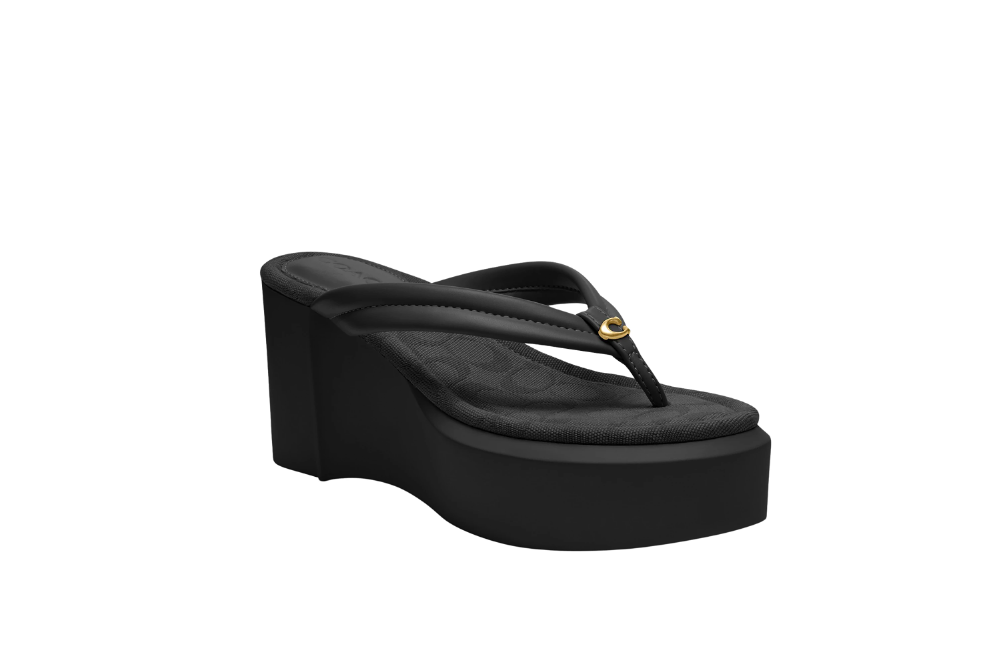 Coach Franki Leather Platform Wedge Flip Flop Sandal in Black Size 8 9 New with Box