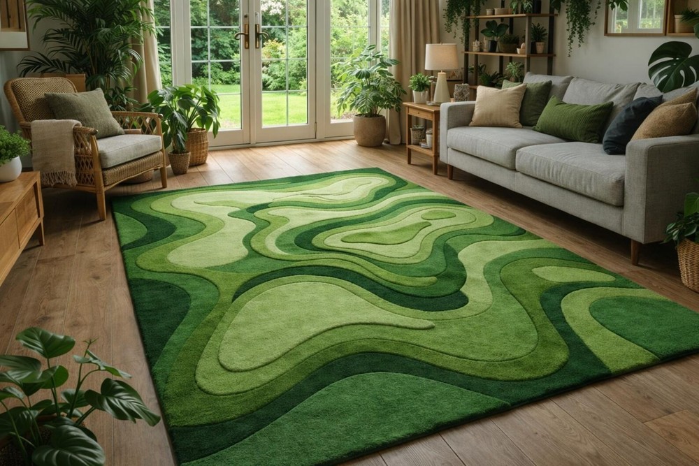 Handmade Green Abstract Modern Wavy Pattern Botanical Tufted Wool Rug,