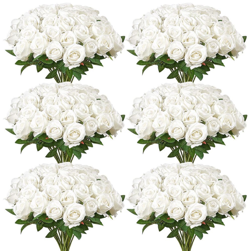 120PCS White Foam Roses Artificial Flowers Bulk w/ Stems for Wedding DIY