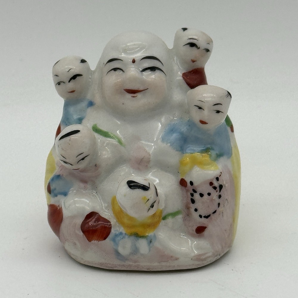 Vintage Ceramic Laughing Buddha Statue with 5 Kids 2 Inch