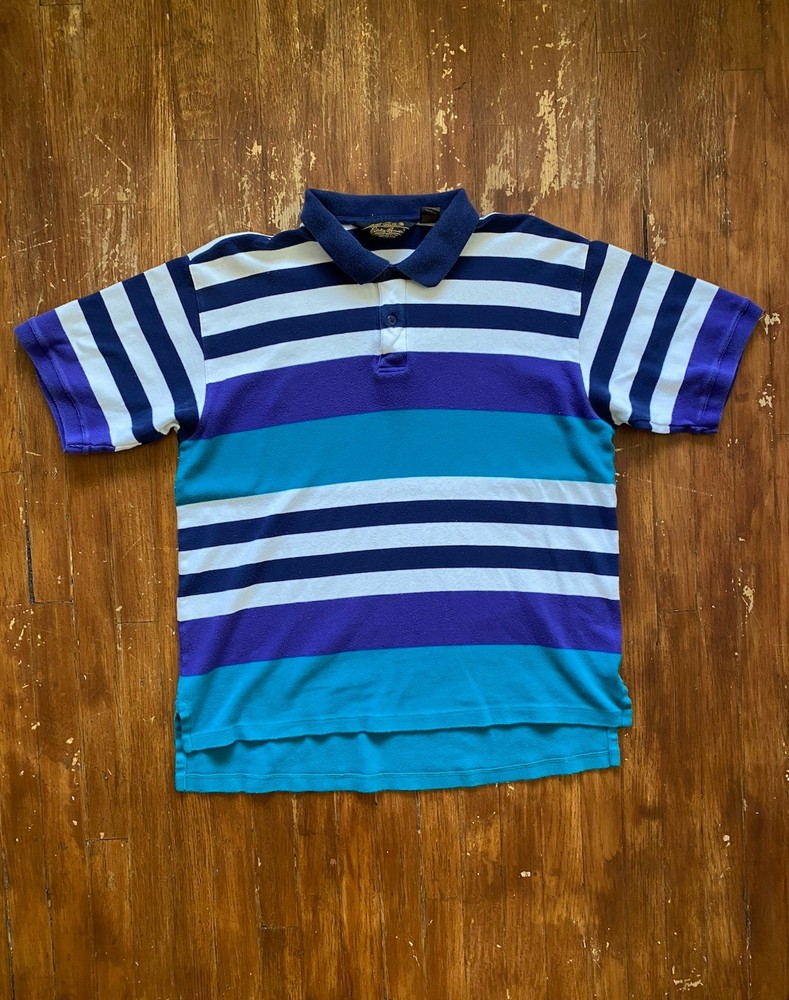 Vintage Eddie Bauer Striped Rugby Large Shirt Blue White Outdoor 80s 90s Cotton