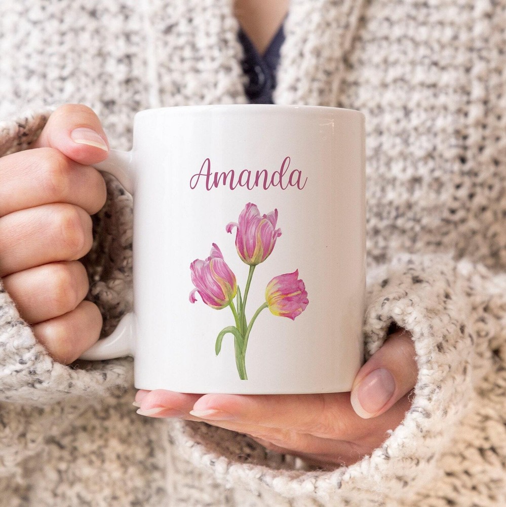 Pink Tulips Personalized Mug Gift For Her Pretty Pink Flowers Spring Summer