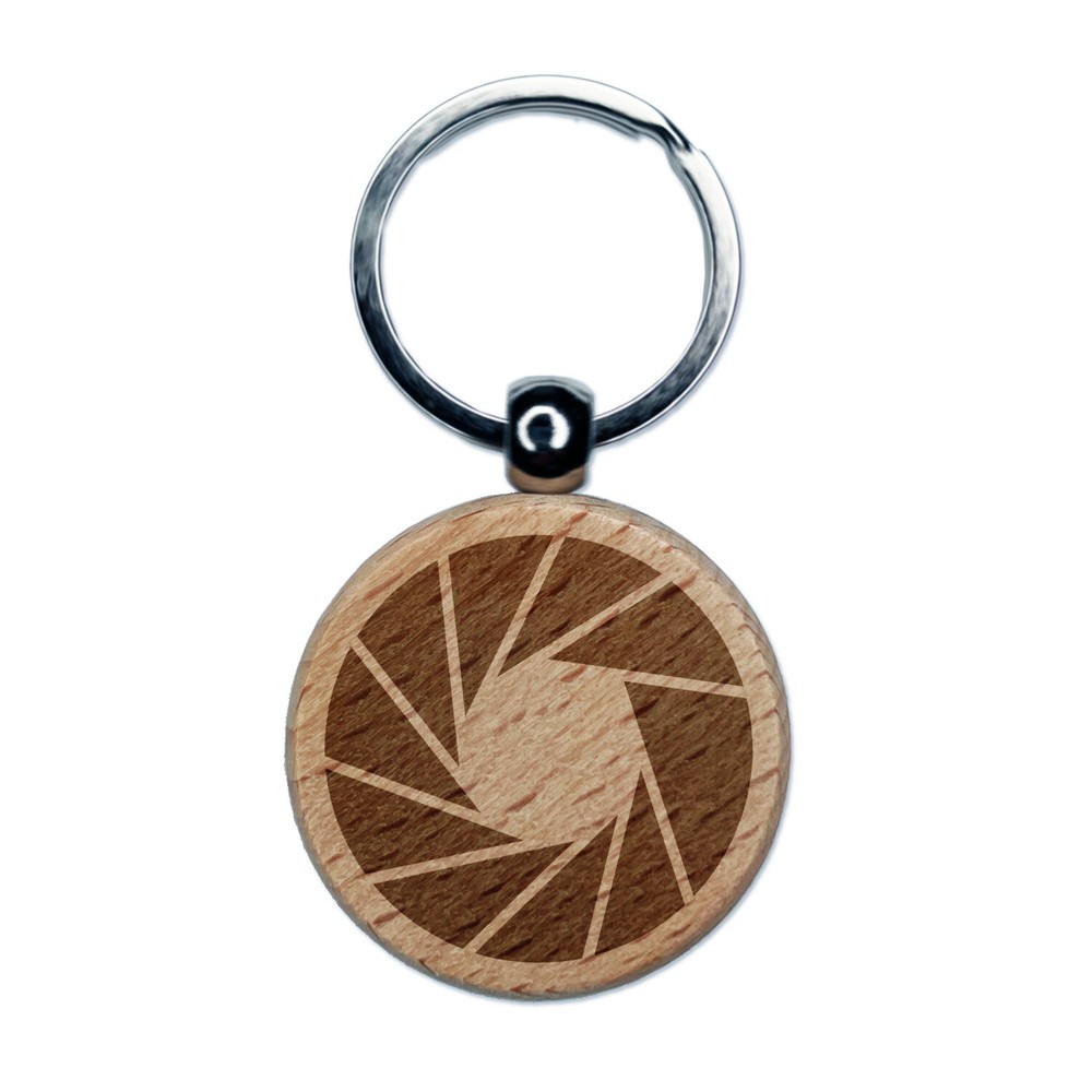 Camera Aperture Shutter Lens F-Stop Engraved Wood Round Keychain Tag Charm
