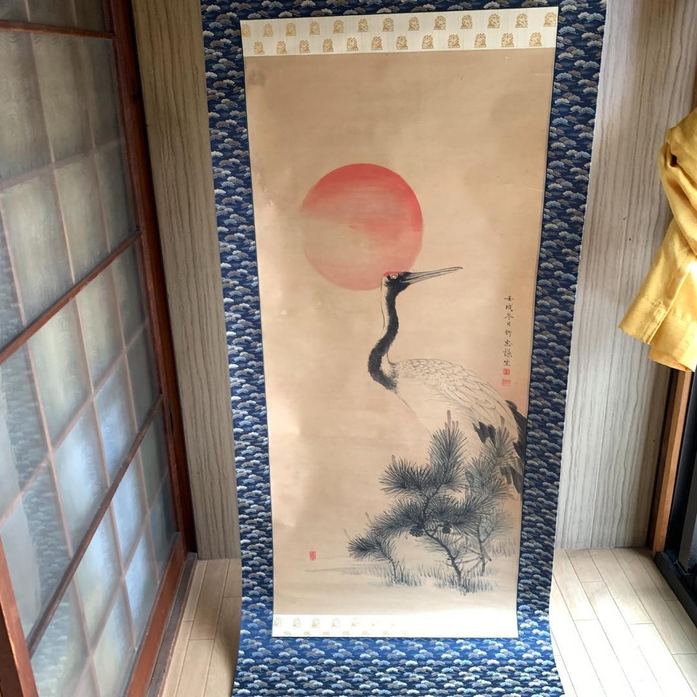 Chinese Hanging Scroll Crane Diagram Bamboo Window Disgusting