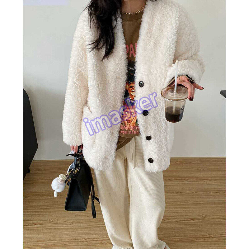 Womens Lamb Wool Fur Coat  Winter New Sheep Shearing Fur Button Loose Coats
