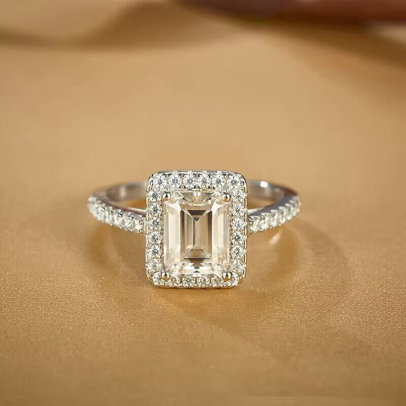 2.20Ct Emerald Cut Halo Engagement Ring in 14K White Gold Plated