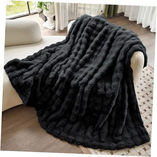Faux Fur Black Fluffy Heavy Blanket for Couch Soft Bubble Thick Cozy