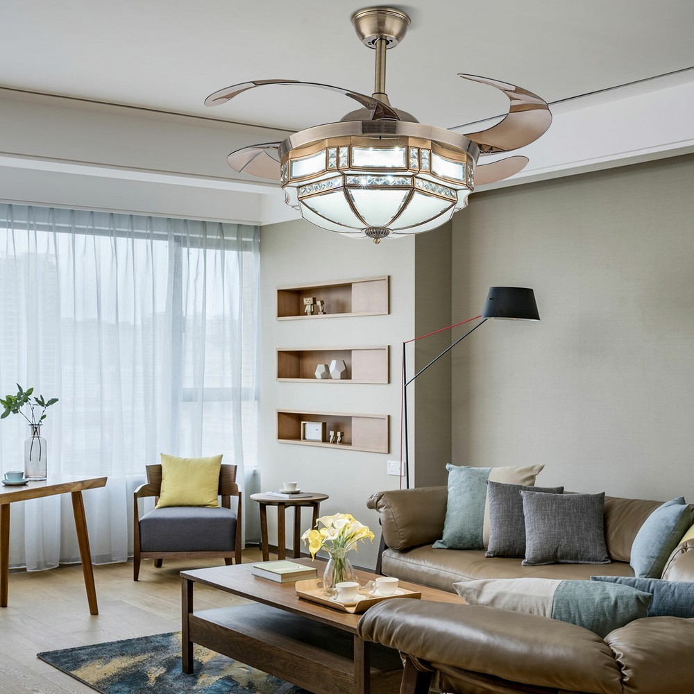 42” Tiffany Style Ceiling Fan W/ LED Light Chandelier Remote Control Fandelier