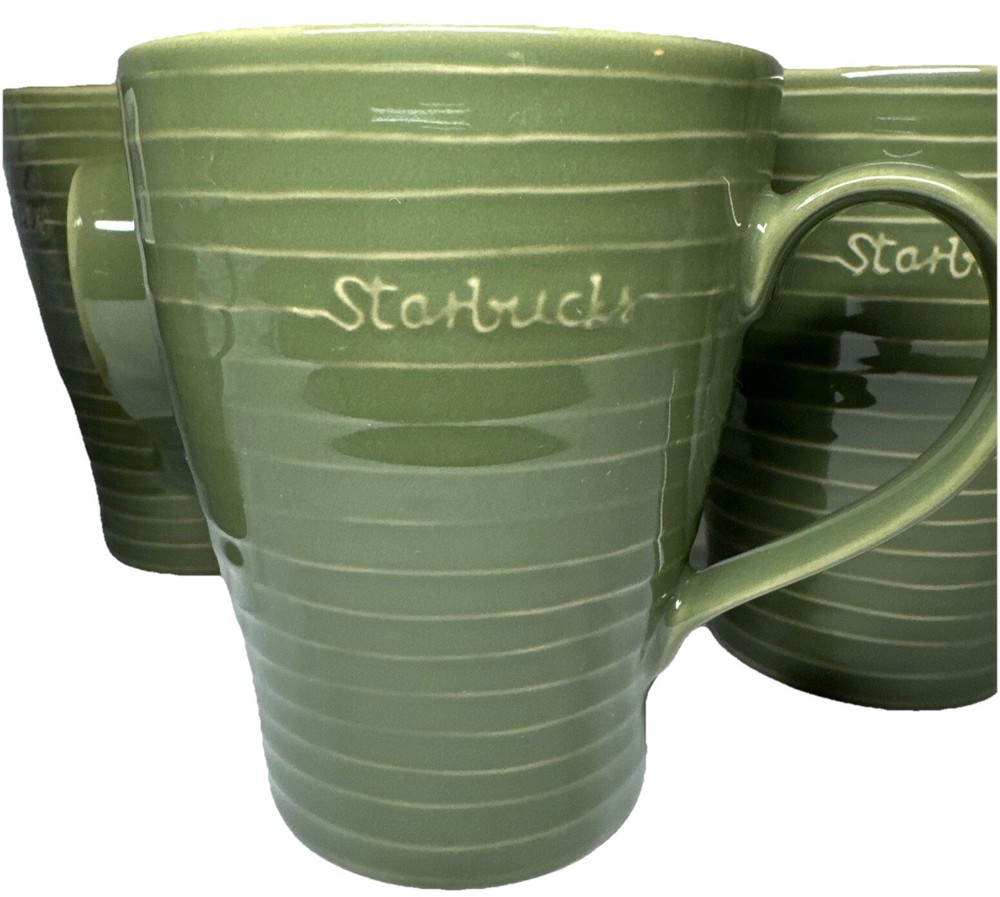Starbucks 12oz Ribbed Ceramic Mug Set in Olive Green - 4 Coffee & Tea Cups NEW