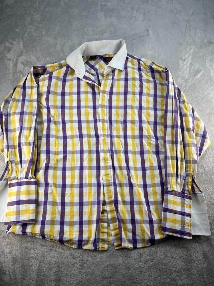 Steven Land Dress Shirt Mens 19 36-37 Yellow White Button Long Sleeve Vintage