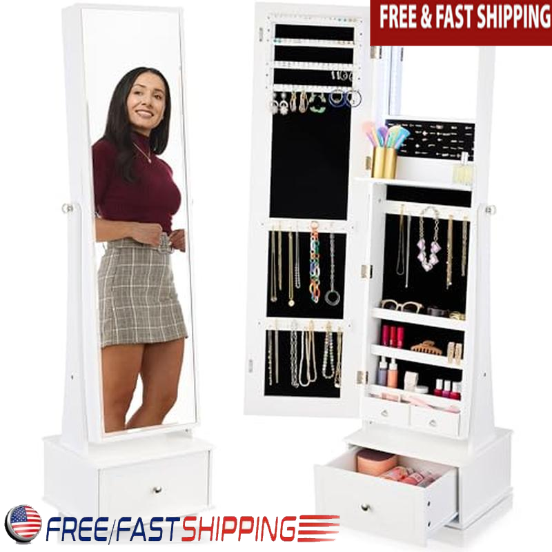360 Swivel Jewelry Cabinet LED Mirror Makeup Storage Organizer Adjustable Design
