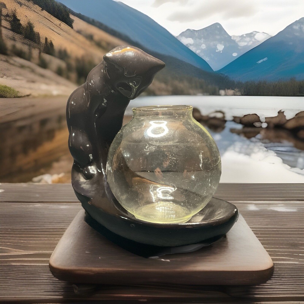 Royal Haeger Pottery- Black Cat Ceramic Sculpture W/ Glass Fish Bowl Planter