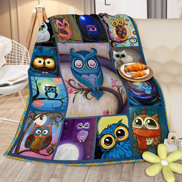 Moon Owl Flannel Fleece Blanket Cozy Fuzzy Warm Cute Night Owl Design  