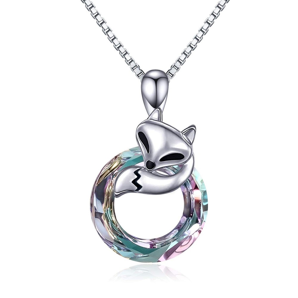 Sterling Silver Fox Necklace with Circle Crystal Pendant for Women