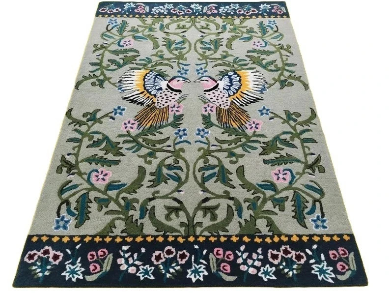 Handmade Wool Area Rug 8x10 – Blue Green Floral Bird Art Deco Living Room Carpet