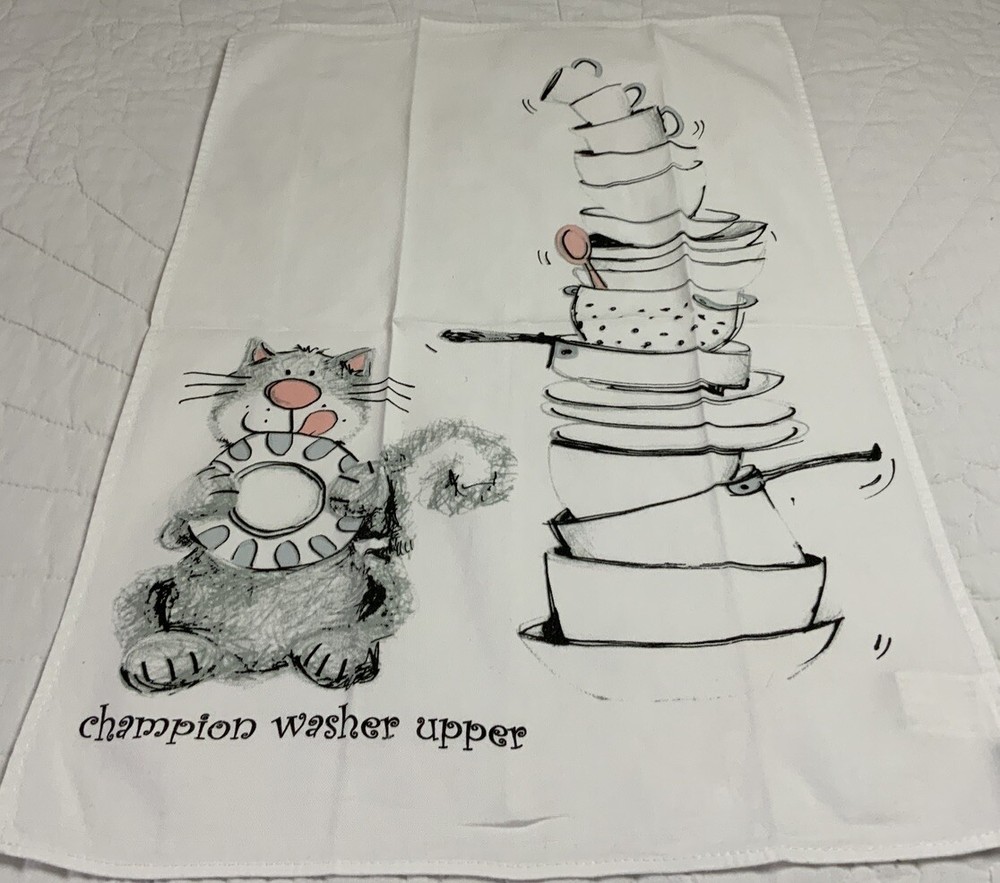 Kitchen Dish Towel, Cotton, Kitty Cat, Stack Of Dish, Champion Washer Upper