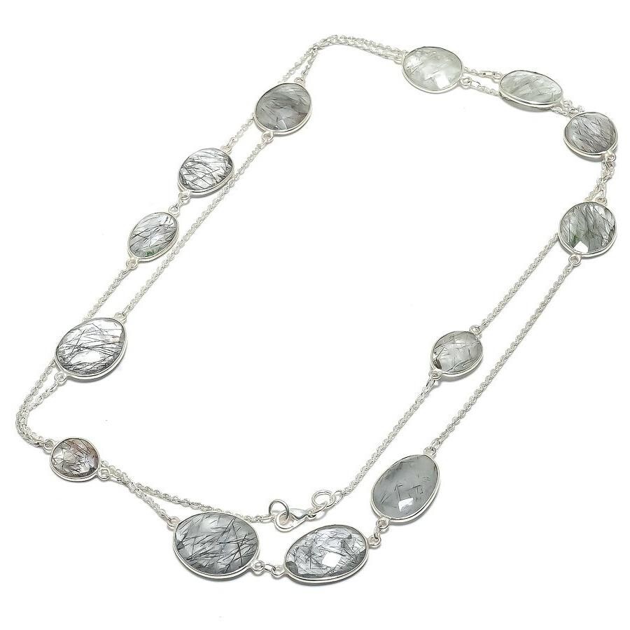 Christmas Sale Sterling Silver Black Rutile Gemstone Chain Engagement Necklace-image