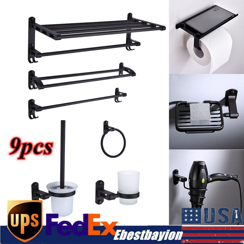 9PCS Black Aluminum Wall Mounted Bathroom Hardware Set with Towel Bar