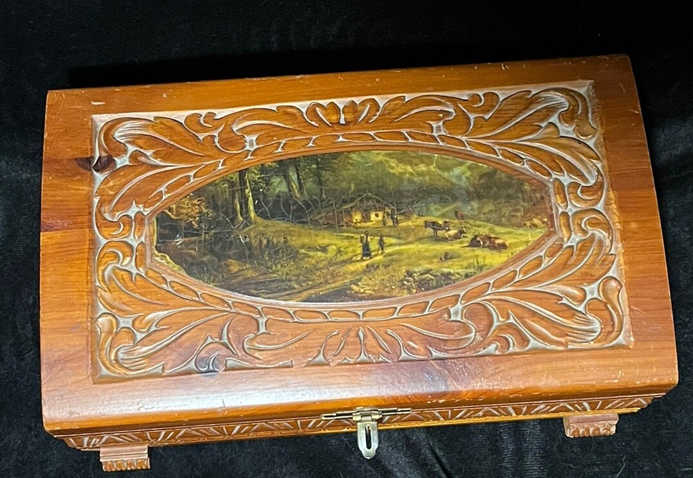 Antique Hand Carved Wooden Box with Scenic Engravings 10.75x6.5 Inches  