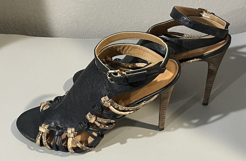 Coach Jody Python Print Strappy Stiletto Heels in Black/Sand - Size US 9.5