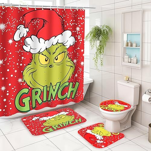 Christmas Bathroom 4 Piece Set with Shower Curtain，Non-Slip Mat, Toilet Cover
