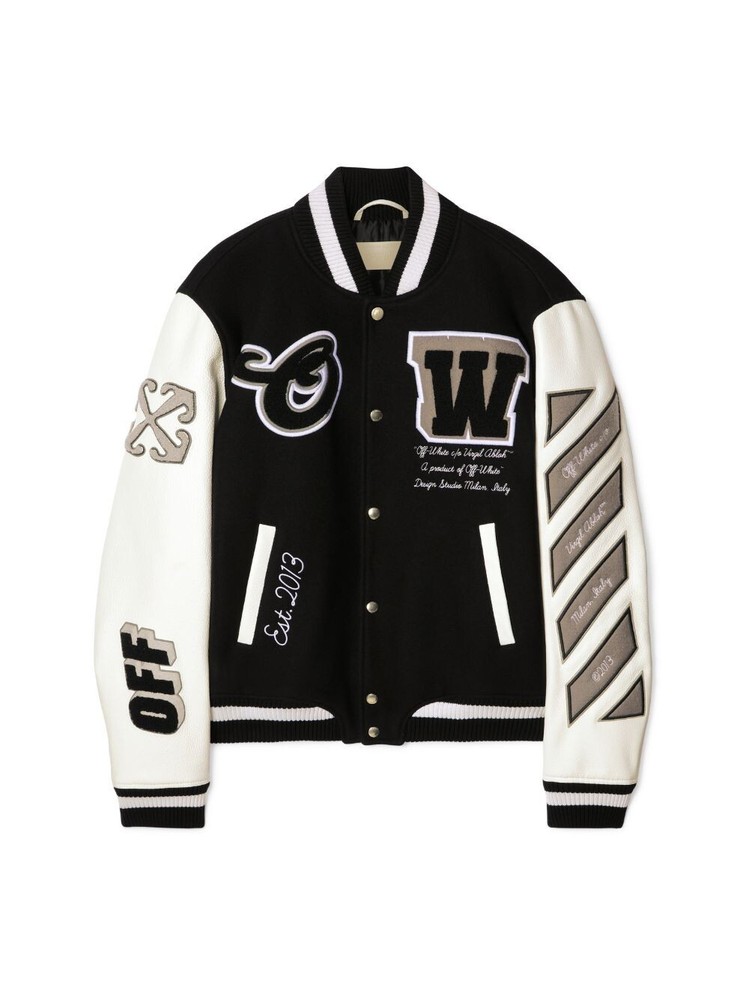 Off-White Unisex Rib Knit Wool Leather Varsity Jacket Black Off-White