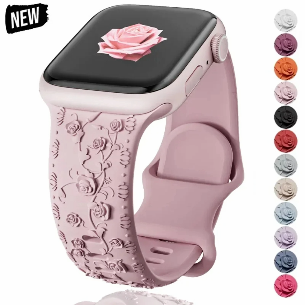 Floral Engraved Silicone Band for Apple Watch Ultra 2 10 9 8 7 6 5 4 SE 40-49mm