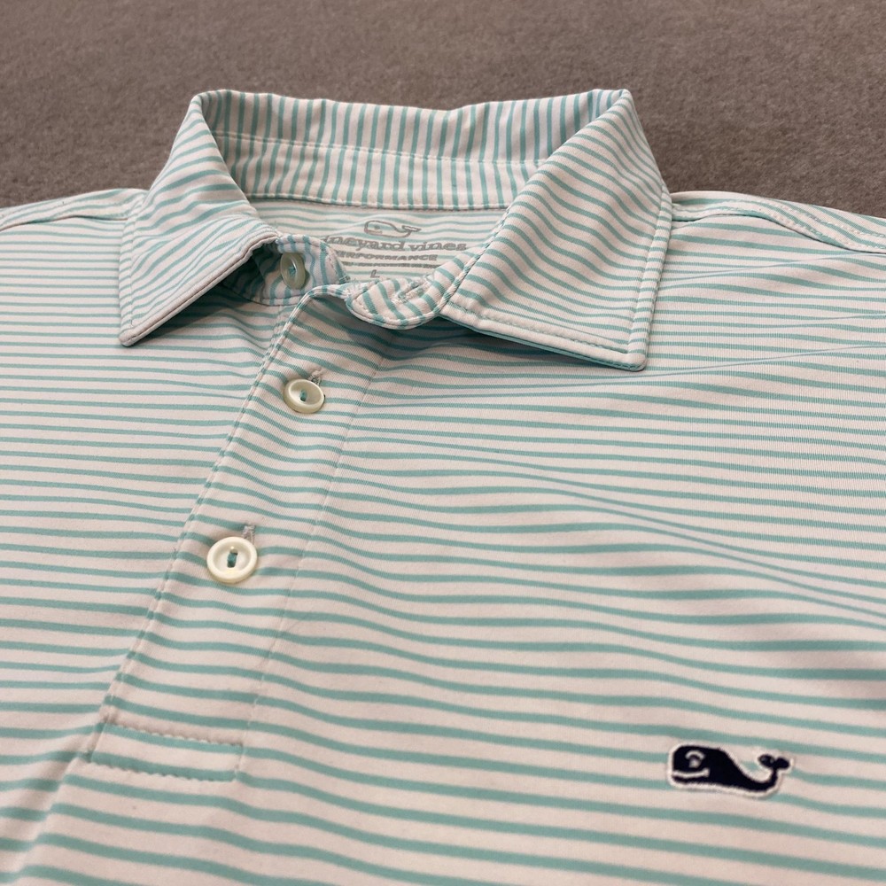 Vineyard Vines Polo Shirt Mens Large Blue Gray Striped Performance Golf Whale