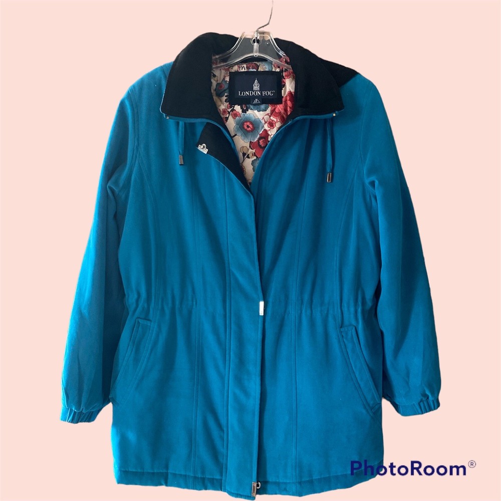 London Fog Teal Floral Hooded Mid-Length Coat for Women Medium Size