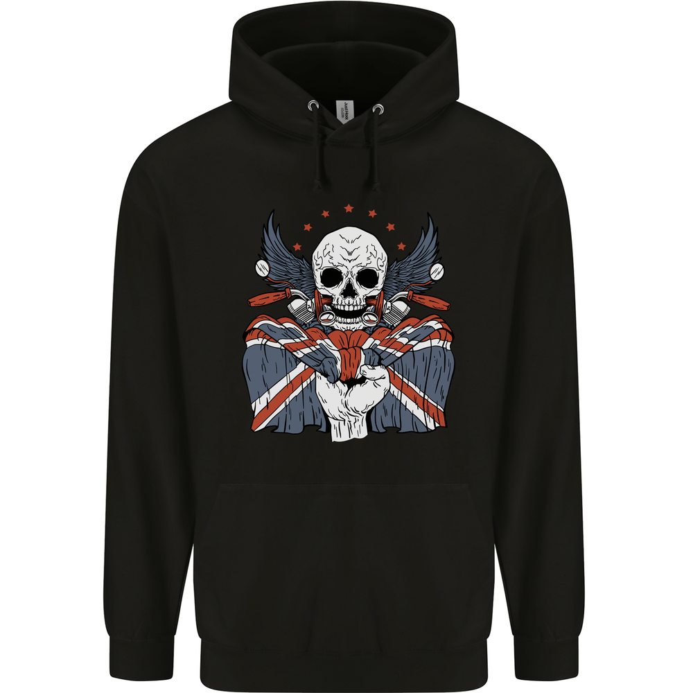 British Biker Skull Motorcycle Motorbike Flag Mens 80% Cotton Hoodie