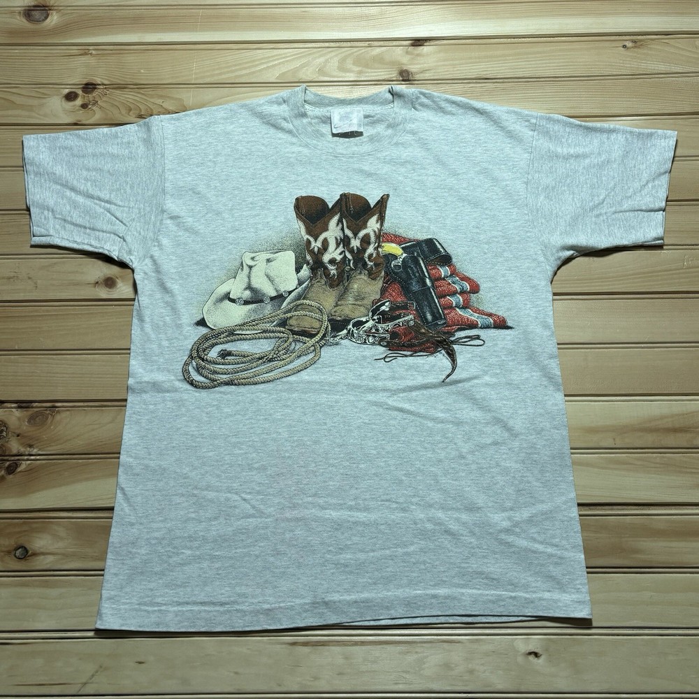 Vintage 90s Country Western Style Cowboy Boots Revolver Lasso Shirt Size Large