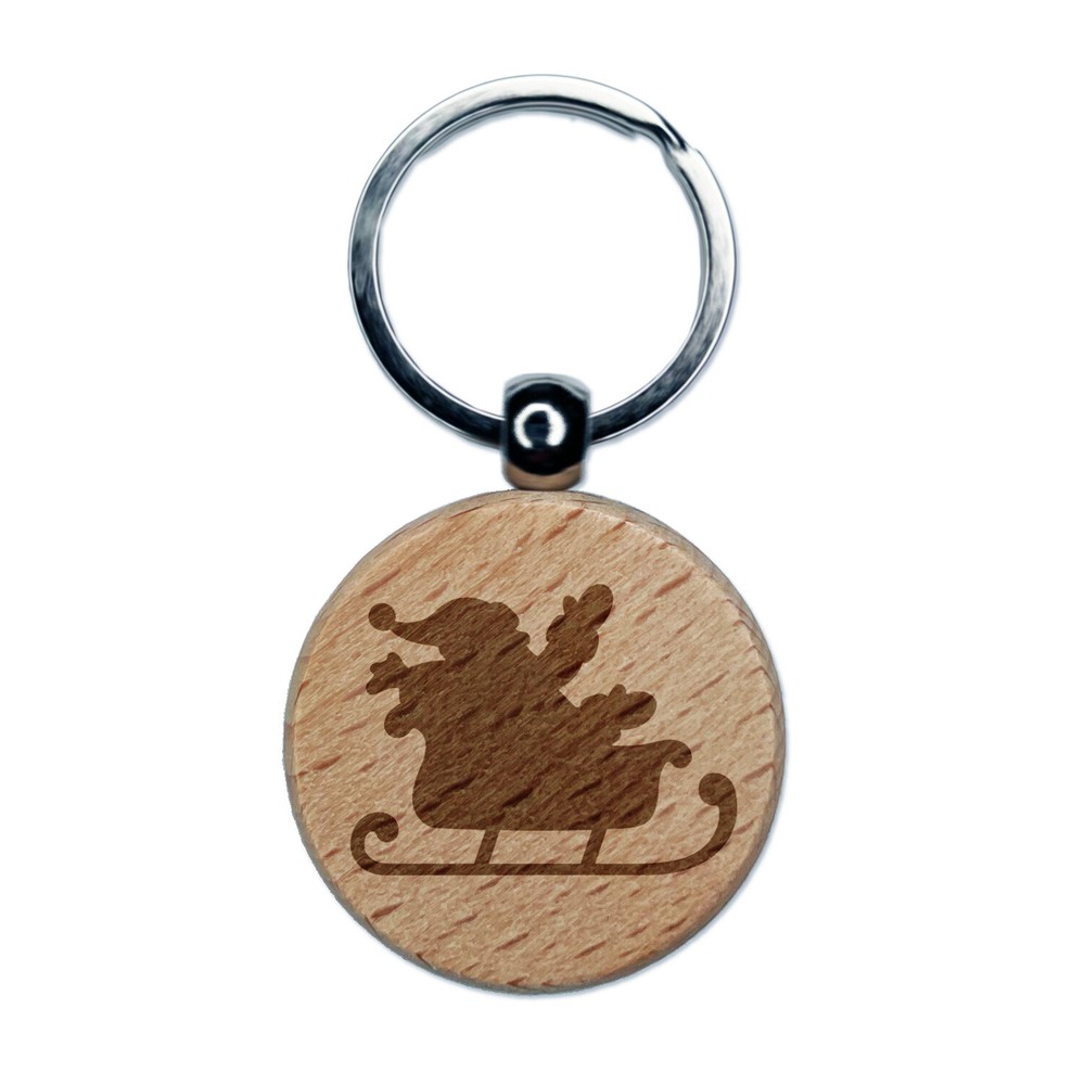 Santa Sleigh Silhouette Engraved Wooden Christmas Keychain Charm
