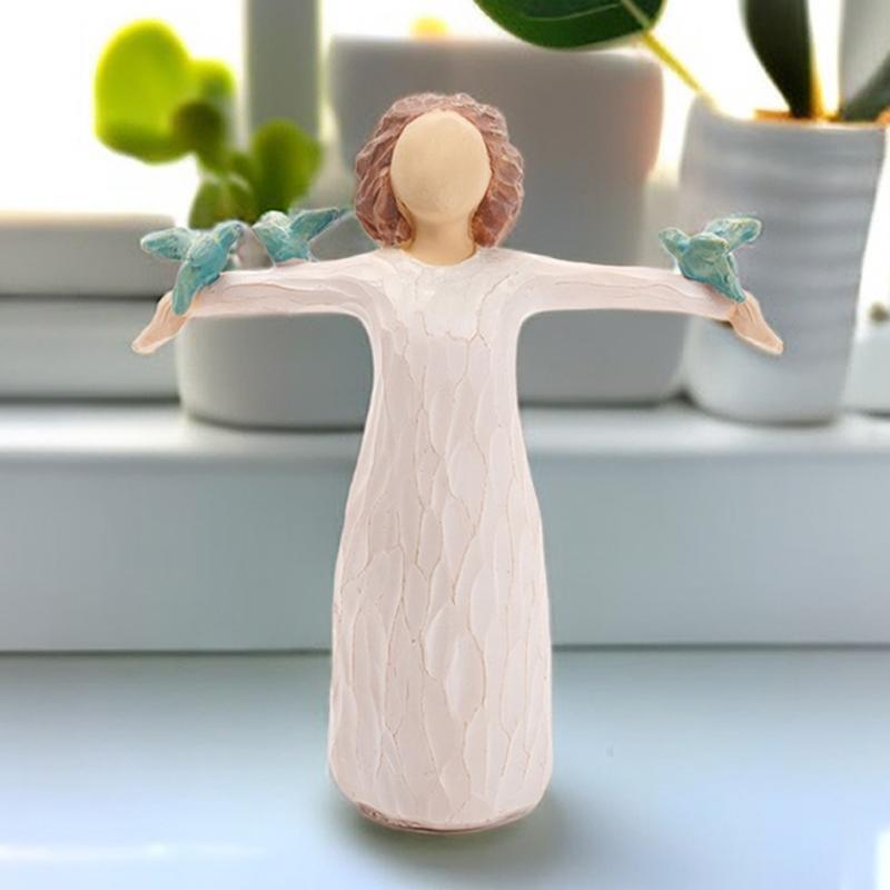 Figurine Bird with Woman Resin Carved Multicolor Small Modern Decor Free Stand !