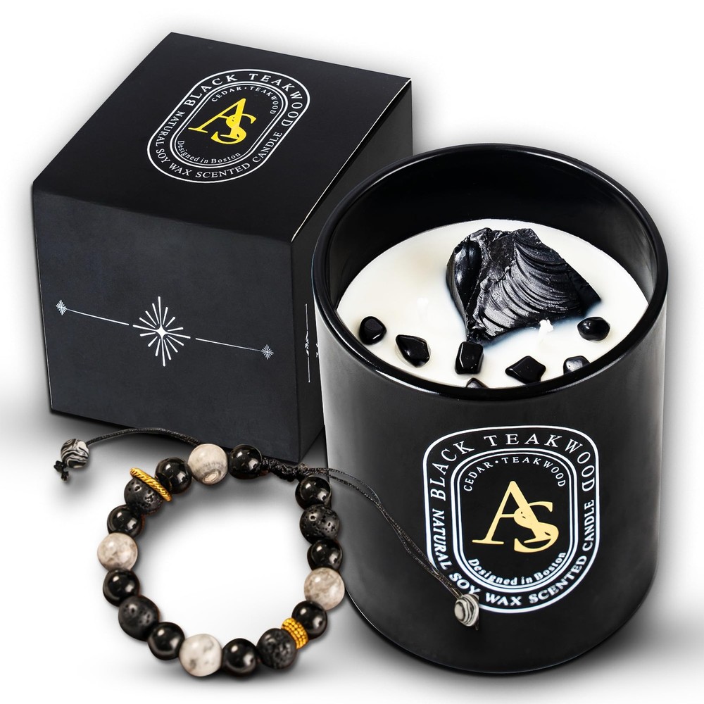 Luxury Teakwood Scented Candle for Men with Obsidian Bracelet