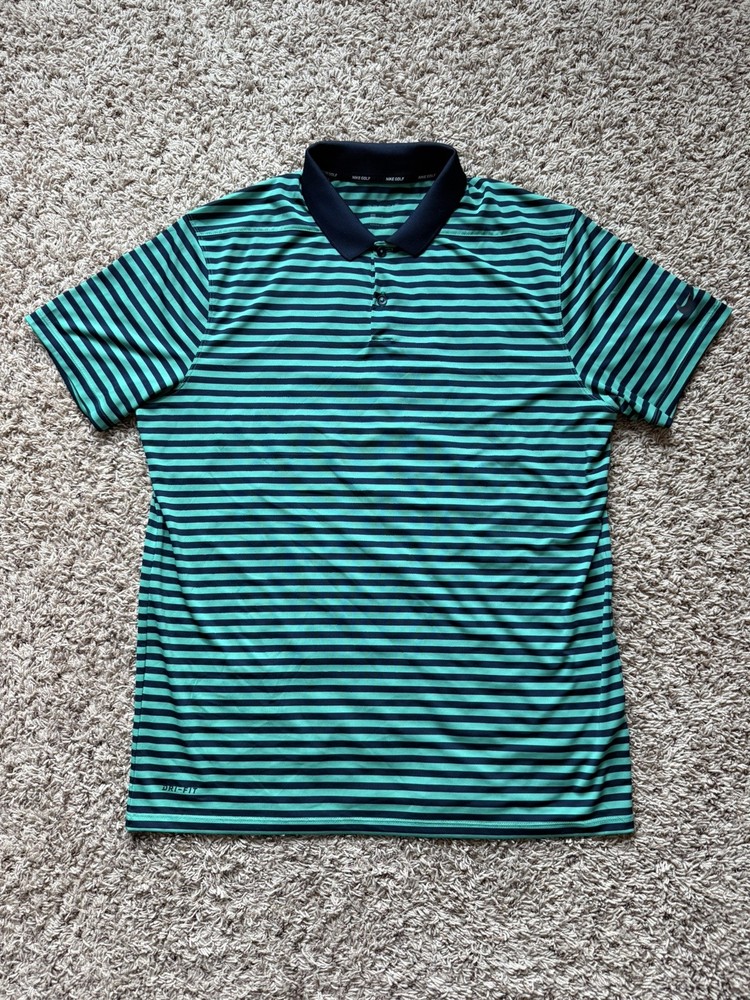 Nike Dri-Fit Short Sleeve Golf Polo Shirt Men Large Striped Navy Blue Teal Green