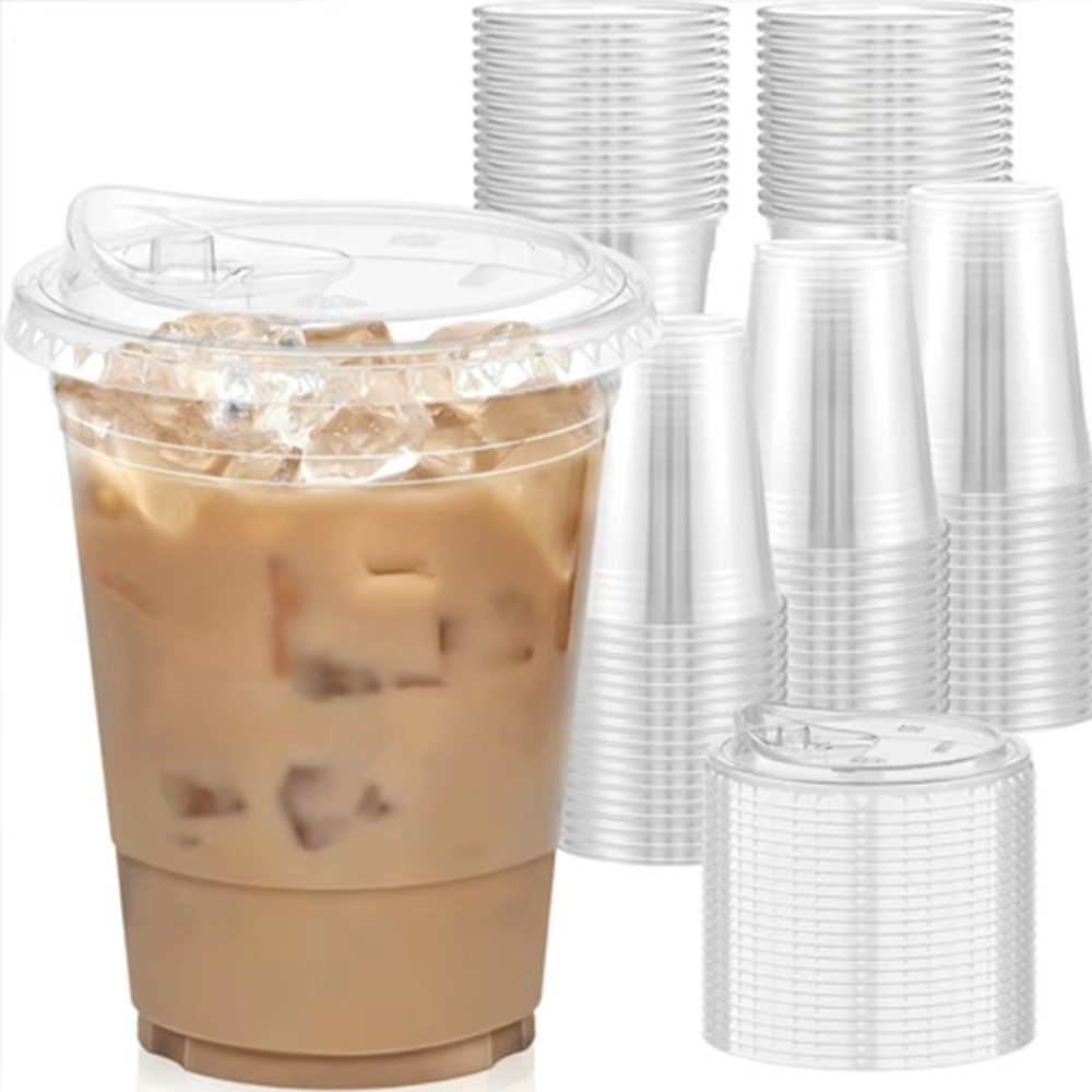 10PCS 16oz Clear Plastic Cups with Lids, Disposable Cups for Iced Coffee Bubble