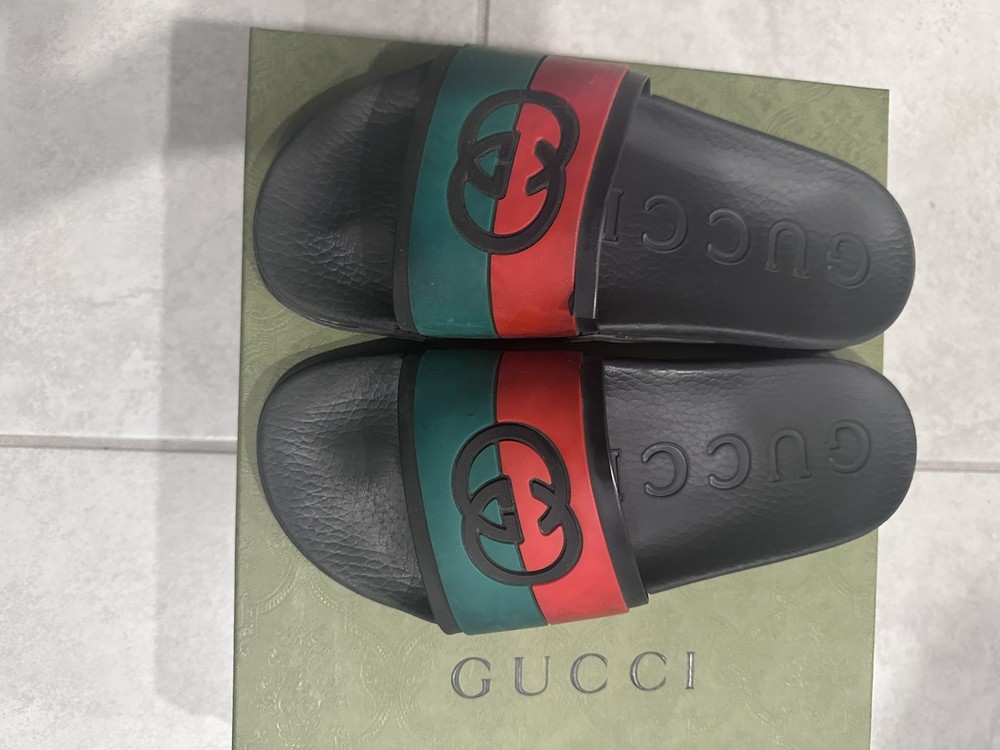 Gucci Interlocking G Black/Red/Green Rubber  Slides Men Sz 8