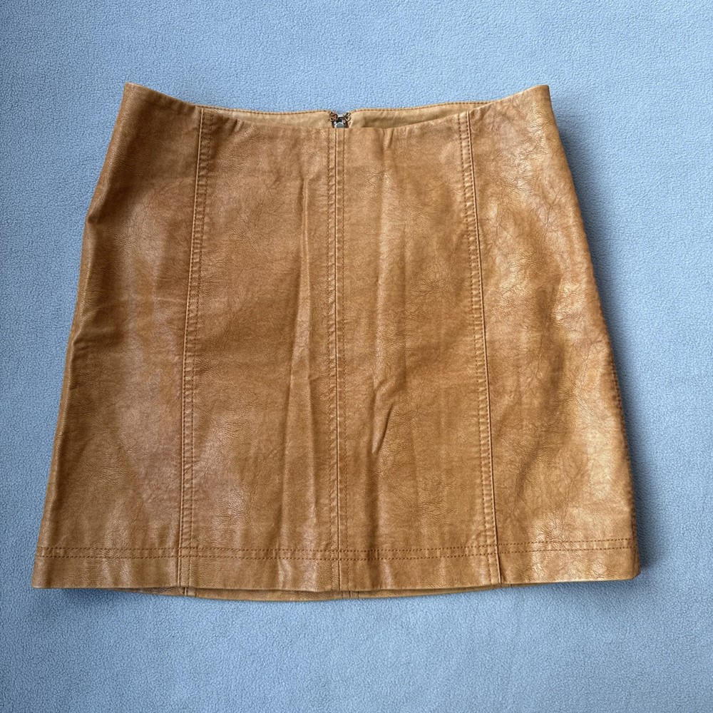 Free People Boho Mini Skirt Womens Size 8 Brown Faux Leather Rayon Femme Style