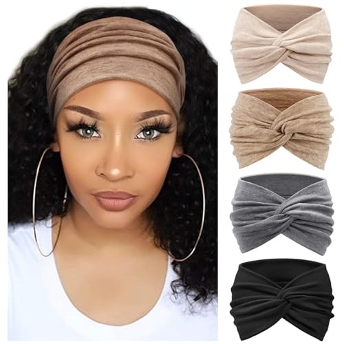Extra Wide Headbands for Women 4 Pcs: Beige, Black, Grayish Yellow, Grey
